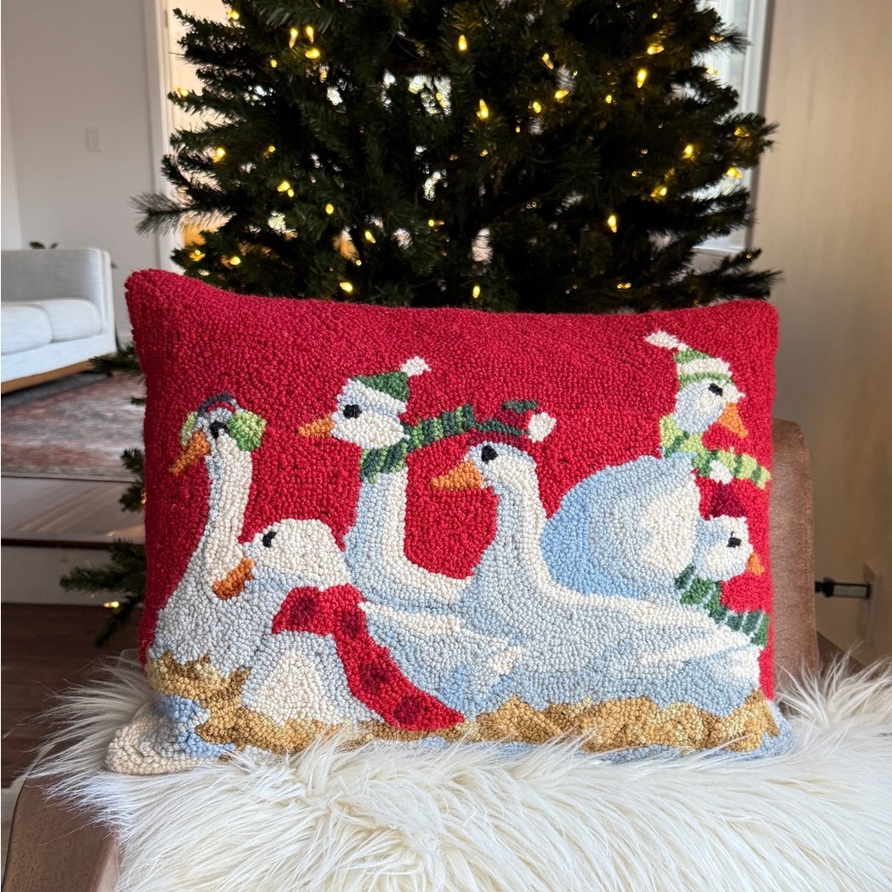 Wool Festive Goose Holiday Pillow - Red and White